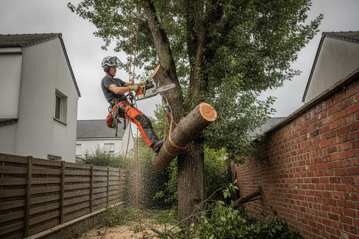 Abattage d'un arbre par sections dans un jardin résidentiel à Ifs en Normandie