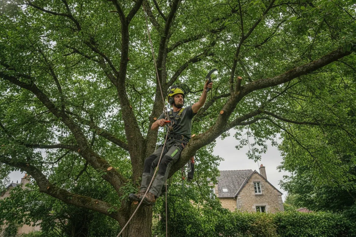 Élagueur grimpeur en action sur un chêne dans un jardin pavillonnaire à Ifs