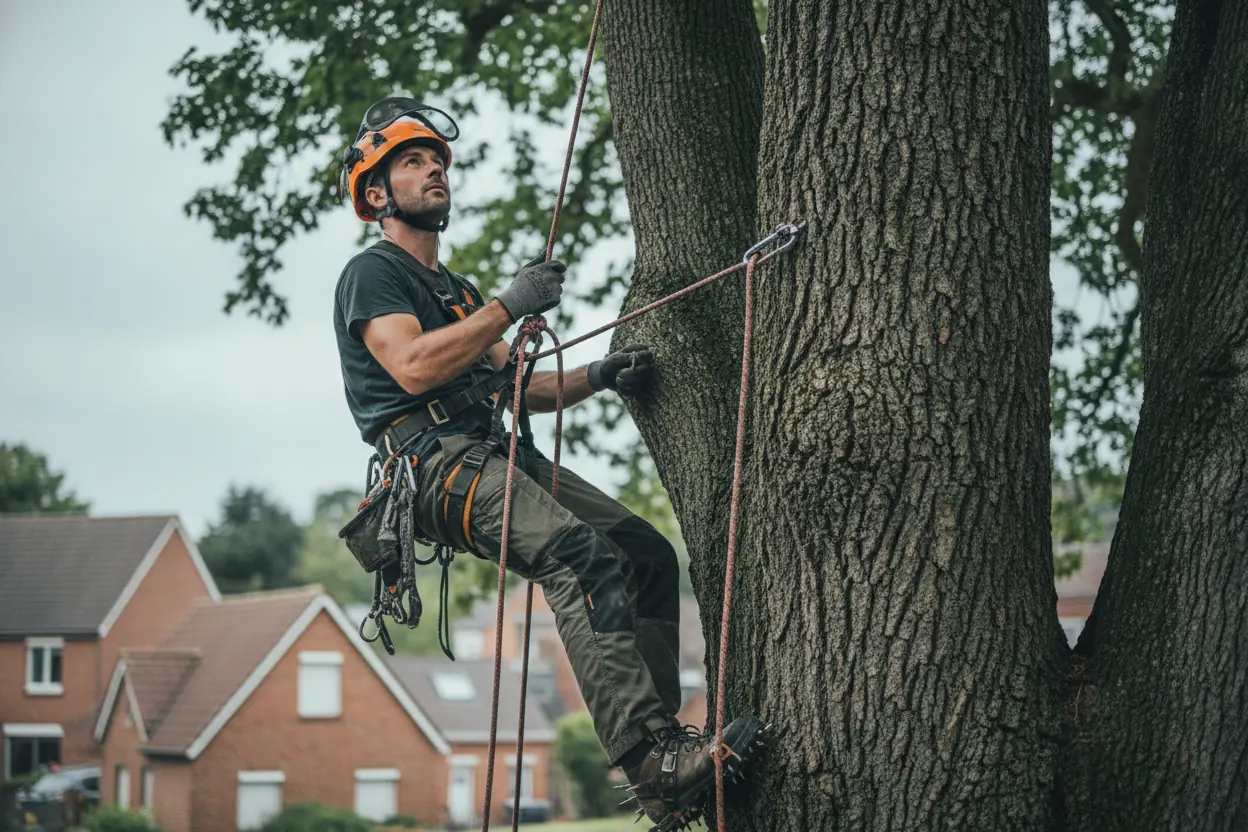 Élagueur grimpeur en nacelle ou sur corde taillant un arbre de haut dans un jardin à Ifs