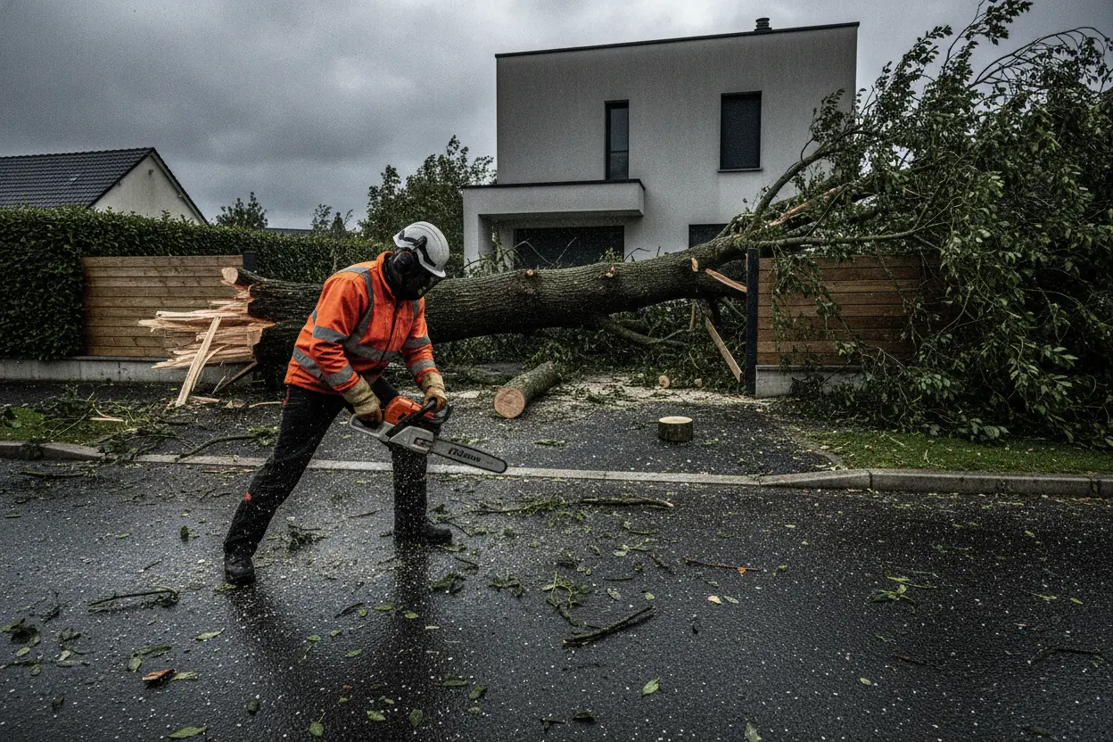 Intervention d'urgence après tempête sur un arbre tombé dans un jardin à Ifs