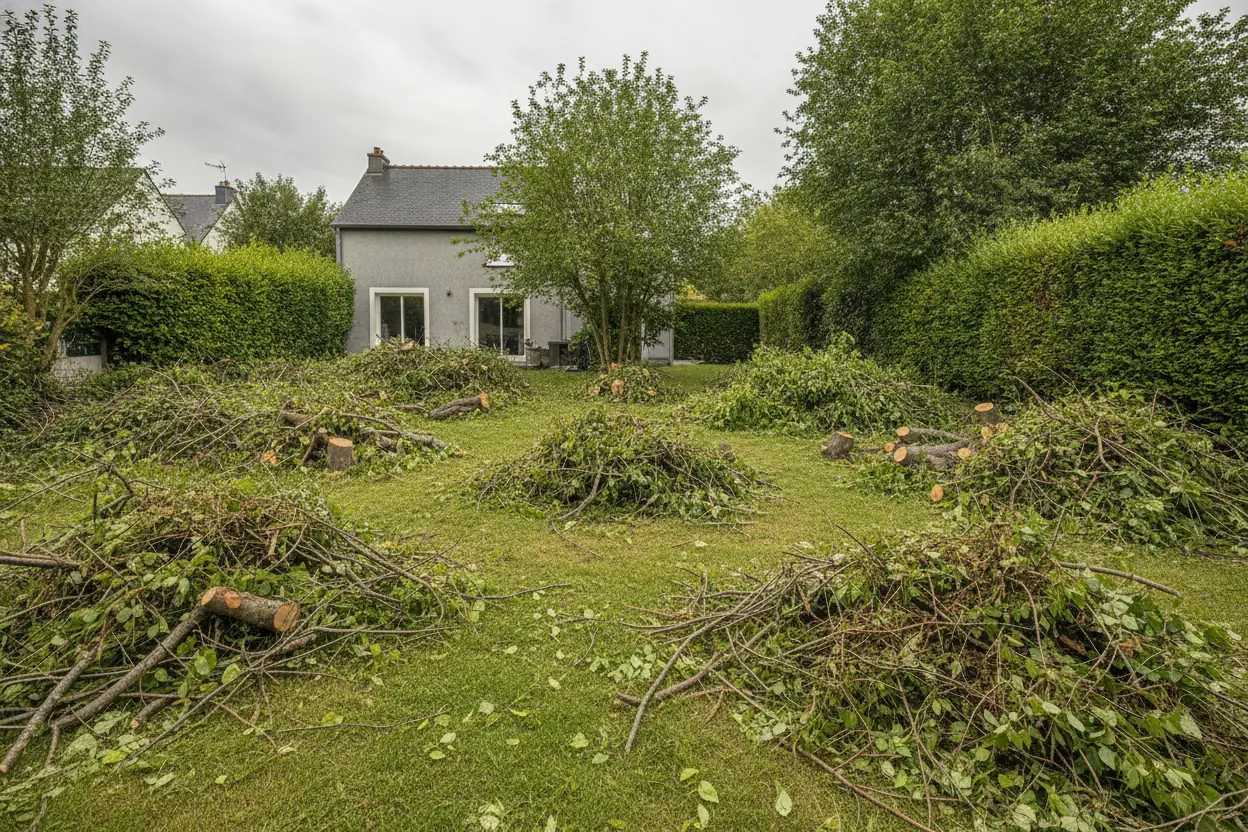 Jardin encombré de branches et branchages après abattage d'un chêne à Caen