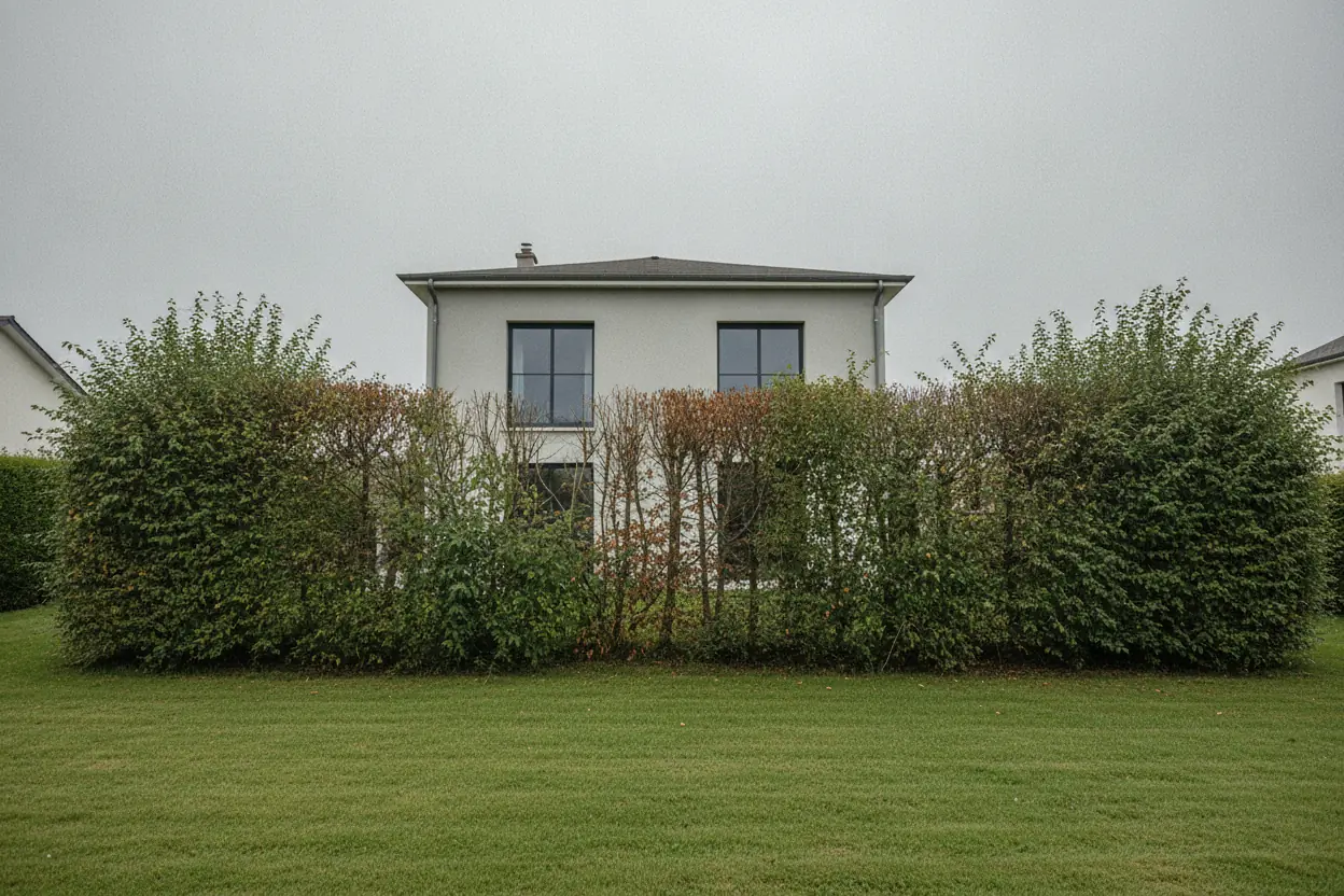 Haie de thuyas envahissante avant taille à Venoix, Caen